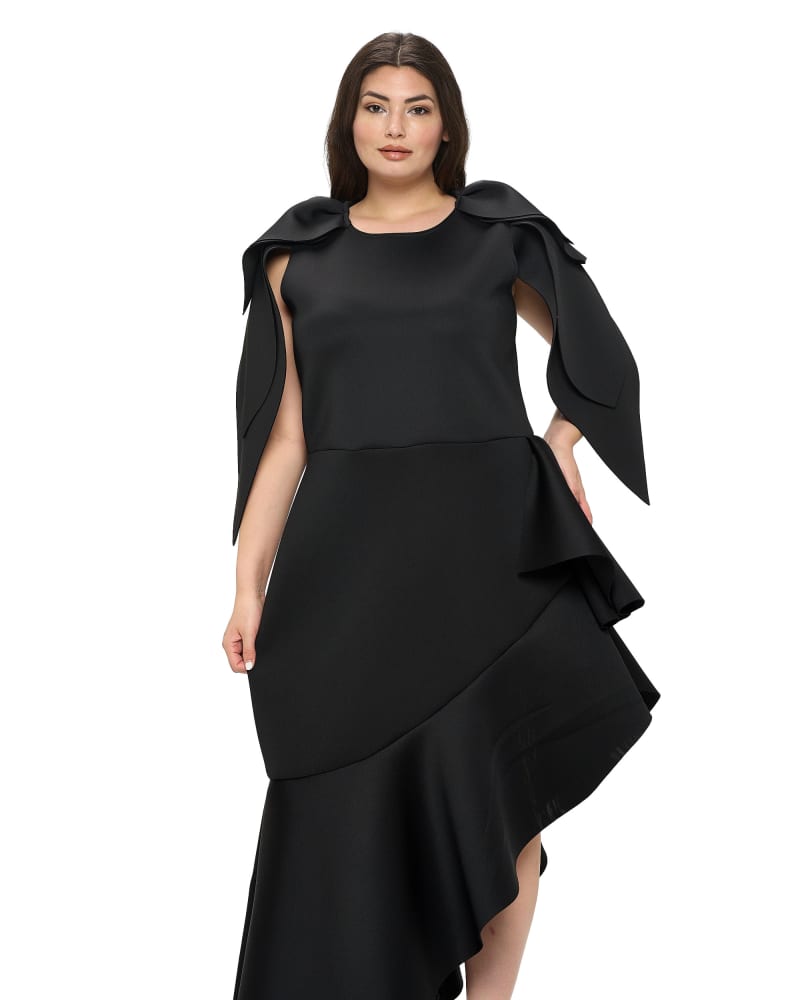 Front of a model wearing a size 3X Kaskade Ruffled Neoprene Dress in Black by L I V D. | dia_product_style_image_id:302562